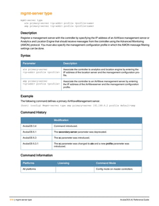 518 | mgmt-server type ArubaOS 6.4| Reference Guide
mgmt-server type
wlan
mgmt-server type
ale primary-server <ip-addr> profile <profile-name>
amp primary-server <ip-addr> profile <profile-name>
Description
Register a management server with the controller by specifying the IP address of an AirWave management server or
Analytics and Location Engine that should receive messages from the controller using the Advanced Monitoring
(AMON) protocol. You must also specify the management configuration profile in which the AMON message filtering
settings can be done.
Syntax
Parameter Description
ale primary-server
<ip-addr> profile <profile>
Associate the controller to analytics and location engine by entering the
IP address of the location server and the management configuration pro-
file.
amp primary-server
<ip-addr> profile <profile>
Associate the controller to an AirWave management server by entering
the IP address of the AirWaveserver and the management configuration
profile.
Example
The following command defines a primary AirWaveManagement server.
(host) (config) #mgmt-server type amp primary-server 192.168.6.2 profile default-amp
Command History
Modification
ArubaOS 3.4 Command introduced.
ArubaOS 6.1 The secondary-server parameter was deprecated.
ArubaOS 6.3 The xc parameter was introduced.
ArubaOS 6.3.1 The xc parameter was changed to ale and a new profile parameter was
introduced.
Command Information
Platforms Licensing Command Mode
All platforms Config mode on master controllers
 