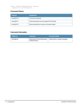 524 | netdestination ArubaOS 6.4| Reference Guide
(host) (config) #netdestination Internal
network 10.1.0.0 255.255.0.0
Command History
Release Modification
ArubaOS 3.0 Command introduced
ArubaOS 6.1 Host functionality now only supports IPv4 subnets.
ArubaOS 6.2 Name parameter has maximum character length.
Command Information
Platforms Licensing Command Mode
All platforms Requires the Policy Enforcement
Firewall license.
Config mode on master controllers
 
