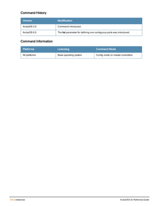 530 | netservice ArubaOS 6.4| Reference Guide
Command History
Version Modification
ArubaOS 3.0 Command introduced.
ArubaOS 6.0 The list parameter for defining non-contiguous ports was introduced.
Command Information
Platforms Licensing Command Mode
All platforms Base operating system Config mode on master controllers
 