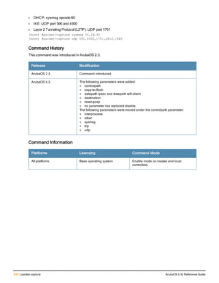540 | packet-capture ArubaOS 6.4| Reference Guide
l DHCP: sysmsg opcode 90
l IKE: UDP port 500 and 4500
l Layer 2 Tunneling Protocol (L2TP): UDP port 1701
(host) #packet-capture sysmsg 30,29,90 
(host) #packet-capture udp 500,4500,1701,1812,1645
Command History
This command was introduced in ArubaOS 2.3.
Release Modification
ArubaOS 2.3 Command introduced
ArubaOS 6.3 The following parameters were added:
l controlpath
l copy-to-flash
l datapath ipsec and datapath wifi-client
l destination
l reset-pcap
l no parameter has replaced disable
The following parameters were moved under the controlpath parameter:
l interprocess
l other
l sysmsg
l tcp
l udp
Command Information
Platforms Licensing Command Mode
All platforms Base operating system Enable mode on master and local
controllers
 