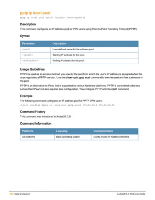 562 | pptp ip localpool ArubaOS 6.4| Reference Guide
pptp ip local pool
pptp ip local pool <pool> <ipaddr> [<end-ipaddr>]
Description
This command configures an IP address pool for VPN users using Point-to-Point Tunneling Protocol (PPTP).
Syntax
Parameter Description
<pool> User-defined name for the address pool.
<ipaddr> Starting IP address for the pool.
<end-ipaddr> Ending IP address for the pool.
Usage Guidelines
If VPN is used as an access method, you specify the pool from which the user’s IP address is assigned when the
user negotiates a PPTP session. Use the show vpdn pptp local command to see the used and free addresses in
the pool.
PPTP is an alternative to IPsec that is supported by various hardware platforms. PPTP is considered to be less
secure than IPsec but also requires less configuration. You configure PPTP with the vpdn command.
Example
The following command configures an IP address pool for PPTP VPN users:
(host) (config) #pptp ip local pool pptp-pool1 172.16.18.1 172.16.18.24
Command History
This command was introduced in ArubaOS 3.0.
Command Information
Platforms Licensing Command Mode
All platforms Base operating system Config mode on master controllers
 
