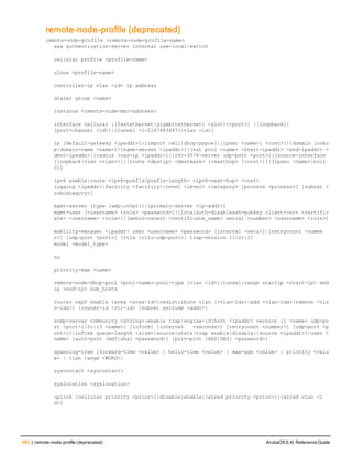 582 | remote-node-profile (deprecated) ArubaOS 6.4| Reference Guide
remote-node-profile (deprecated)
remote-node-profile <remote-node-profile-name>
aaa authentication-server internal use-local-switch
cellular profile <profile-name>
clone <profile-name>
controller-ip vlan <id> ip address
dialer group <name>
instance <remote-node-mac-address>
interface cellular [{fastethernet|gigabitethernet} <slot>/<port>] |[loopback]|
[port-channel <id>]|[tunnel <1-2147483647>|vlan <id>]
ip [default-gateway <ipaddr>]|{import cell|dhcp|pppoe}|{ipsec <name>} <cost>}|[domain looku
p|domain-name <name>]|[name-server <ipaddr>]|[nat pool <name> <start-ipaddr> <end-ipaddr> <
dest-ipaddr>|[radius {nas-ip <ipaddr>]|[rfc-3576-server udp-port <port>]|[source-interface
{loopback|vlan <vlan>}]|[route <destip> <destmask> {<nexthop> [<cost>]]|[ipsec <name>|null
0}]
ipv6 enable|route <ipv6-prefix/prefix-length> <ipv6-next-hop> <cost>
logging <ipaddr>|facility <facility>|level <level> <category> [process <process>] [subcat <
subcategory>]
mgmt-server [type {amp|other}]|[primary-server <ip-addr>]
mgmt-user [<username> <role> <password>]|[localauth-disablessh-pubkey client-cert <certific
ate> <username> <role>]|[webui-cacert <certificate_name> serial <number> <username> <role>]
mobility-manager <ipaddr> user <username> <password> [interval <secs>]|[retrycount <numbe
r>] [udp-port <port>] [rtls <rtls-udp-port>] trap-version {1|2c|3}
model <model_type>
no
priority-map <name>
remote-node-dhcp-pool <pool-name>|pool-type {vlan <id>}|tunnel|range startip <start-ip> end
ip <end-ip> num_hosts
router ospf enable {area <area-id>|redistribute vlan [<vlan-ids>|add <vlan-ids>|remove <vla
n-ids>] |router-id <rtr-id> |subnet exclude <addr>}
snmp-server community <string>|enable trap|engine-id|host <ipaddr> version {1 <name> udp-po
rt <port>}|2c|{3 <name>} [inform] [interval   <seconds>] [retrycount <number>] [udp-port <p
ort>]}|inform queue-length <size>|source|stats|trap enable|disable|{source <ipaddr>}|user <
name> [auth-prot {md5|sha} <password>] [priv-prot {AES|DES} <password>]
spanning-tree [forward-time <value> | hello-time <value> | max-age <value> | priority <valu
e> | vlan range <WORD>|
syscontact <syscontact>
syslocation <syslocation>
uplink {cellular priority <prior>}|disable|enable|{wired priority <prior>}|{wired vlan <i
d>}
 