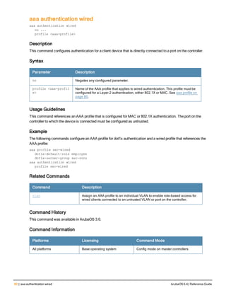 60 | aaa authentication wired ArubaOS 6.4| Reference Guide
aaa authentication wired
aaa authentication wired
no ...
profile <aaa-profile>
Description
This command configures authentication for a client device that is directly connected to a port on the controller.
Syntax
Parameter Description
no Negates any configured parameter.
profile <aaa-profil
e>
Name of the AAA profile that applies to wired authentication. This profile must be
configured for a Layer-2 authentication, either 802.1X or MAC. See aaa profile on
page 80.
Usage Guidelines
This command references an AAA profile that is configured for MAC or 802.1X authentication. The port on the
controller to which the device is connected must be configured as untrusted.
Example
The following commands configure an AAA profile for dot1x authentication and a wired profile that references the
AAA profile:
aaa profile sec-wired
dot1x-default-role employee
dot1x-server-group sec-svrs
aaa authentication wired
profile sec-wired
Related Commands
Command Description
vlan Assign an AAA profile to an individual VLAN to enable role-based access for
wired clients connected to an untrusted VLAN or port on the controller.
Command History
This command was available in ArubaOS 3.0.
Command Information
Platforms Licensing Command Mode
All platforms Base operating system Config mode on master controllers
 