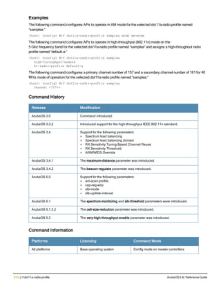 610 | rf dot11a-radio-profile ArubaOS 6.4| Reference Guide
Examples
The following command configures APs to operate in AM mode for the selected dot11a-radio-profile named
“samplea:”
(host) (config) #rf dot11a-radio-profile samplea mode am-mode
The following command configures APs to operate in high-throughput (802.11n) mode on the
5 Ghz frequency band for the selected dot11a-radio profile named “samplea” and assigns a high-throughout radio
profile named “default-a:”
(host) (config) #rf dot11a-radio-profile samplea
high-throughput-enable
ht-radio-profile default-a
The following command configures a primary channel number of 157 and a secondary channel number of 161 for 40
MHz mode of operation for the selected dot11a-radio profile named “samplea:”
(host) (config) #rf dot11a-radio-profile samplea
channel <157+>
Command History
Release Modification
ArubaOS 3.0 Command introduced
ArubaOS 3.3.2 Introduced support for the high-throughput IEEE 802.11n standard.
ArubaOS 3.4 Support for the following parameters:
l Spectrum load balancing
l Spectrum load balancing domain
l RX Sensitivity Tuning Based Channel Reuse
l RX Sensitivity Threshold
l ARM/WIDS Override
ArubaOS 3.4.1 The maximum-distance parameter was introduced.
ArubaOS 3.4.2 The beacon-regulate parameter was introduced.
ArubaOS 6.0 Support for the following parameters:
l am-scan-profile
l cap-reg-eirp
l slb-mode
l slb-update-interval
ArubaOS 6.1 The spectrum-monitoring and slb-threshold parameters were introduced.
ArubaOS 6.1.3.2 The cell-size-reduction parameter was introduced.
ArubaOS 6.3 The very-high-throughput-enable parameter was introduced.
Command Information
Platforms Licensing Command Mode
All platforms Base operating system Config mode on master controllers
 