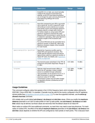 618 | rf dot11g-radio-profile ArubaOS 6.4| Reference Guide
Parameter Description Range Default
ArubaOS 3.4.x or later, you must manually
configure the spectrum load balancing
settings, as the AP load balancing feature
can no longer be used, and any previous AP
load balancing settings will not be
preserved.
spectrum-monitoring Issue this command to turn APs in ap-mode
into a hybrid AP. An AP in hybrid AP mode
will continue to serve clients as an access
point while it scans and analyzes spectrum
analysis data for a single radio channel.
For further details on using hybrid APs and
spectrum monitors to examine the radio
frequency (RF) environment in which the Wi-
Fi network is operating, refer to the Spectrum
Analysis chapter of the ArubaOS User
Guide.
For a list of APs that can be converted into a
spectrum monitor or hybrid AP, refer to the
Spectrum Analysis chapter of the ArubaOS
6.4 User Guide.
— default
spectrum-profile <profile> Specify the rf spectrum profile used by
hybrid APs and spectrum monitors. This
profile sets the spectrum band and device
ageout times used by a spectrum monitor or
hybrid AP radio. For details, see rf spectrum-
profile on page 628.
— default
tpc-power The transmit power advertised in the TPC IE
of beacons and probe responses. Range: 0-
51 dBm
0-51 dBm 15 dBm
tx-power Sets the initial transmit power (dBm) on
which the AP operates, unless a better
choice is available through calibration.
This parameter can be set from 0 to 51 in .5
dBm increments, or set to the regulatory
maximum value of 127 dBm.
Transmission power may be further limited
by regulatory domain constraints and AP
capabilities.
0-51 dBm,
127 dBm
14 dBm
Usage Guidelines
This command configures radios that operate in the 2.4 GHz frequency band, which includes radios utilizing the
IEEE 802.11b/g or IEEE 802.11n standard. Channels must be valid for the country configured in the AP regulatory
domain profile (see ap regulatory-domain-profile on page 165).To view the supported channels, use the show ap
allowed-channels command.
APs initially start up with default ack-timeout, cts-timeout and slot-time values. When you modify the maximum-
distance parameter in an rf dot11a radio profile or rf dot11g radio profile, new ack-timeout, cts-timeout and slot-
time values may be derived, but those values are never less then the default values for an indoor AP.
Mesh radios on outdoor APs have additional constraints, as mesh links may need to span long distances. For mesh
radios on outdoor APs, the effect of the default maximum-distance parameter on the ack-timeout, cts-timeout and
slot-time values depends on whether the APs are configured as mesh portals or mesh points. This is because mesh
 