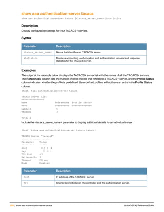 680 | show aaa authentication-server tacacs ArubaOS 6.4| Reference Guide
show aaa authentication-server tacacs
show aaa authentication-server tacacs [<tacacs_server_name>]|statistics
Description
Display configuration settings for your TACACS+ servers.
Syntax
Parameter Description
<tacacs_server_name> Name that identifies an TACACS+ server.
statistics Displays accounting, authorization, and authentication request and response
statistics for the TACACS server.
Examples
The output of the example below displays the TACACS+ server list with the names of all the TACACS+ servers.
The References column lists the number of other profiles that reference a TACACS+ server, and the Profile Status
column indicates whether the profile is predefined. User-defined profiles will not have an entry in the Profile Status
column.
(host) #aaa authentication-server tacacs
TACACS Server List
----------------
Name References Profile Status
---- ---------- --------------
LabAuth 5
TACACS1 3
Total:2
Include the <tacacs_server_name> parameter to display additional details for an individual server
(host) #show aaa authentication-server tacacs tacacs1
TACACS Server "tacacs1"
---------------------
Parameter Value
--------- -----
Host 10.1.1.16
Key ********
TCP Port 49
Retransmits 3
Timeout 20 sec
Mode Enabled
Parameter Description
host IP address of the TACACS+ server
Key Shared secret between the controller and the authentication server.
 