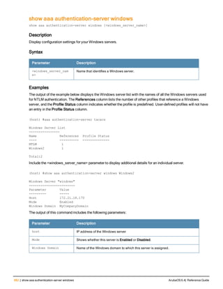 682 | show aaa authentication-server windows ArubaOS 6.4| Reference Guide
show aaa authentication-server windows
show aaa authentication-server windows [<windows_server_name>]
Description
Display configuration settings for your Windows servers.
Syntax
Parameter Description
<windows_server_nam
e>
Name that identifies a Windows server.
Examples
The output of the example below displays the Windows server list with the names of all the Windows servers used
for NTLM authentication. The References column lists the number of other profiles that reference a Windows
server, and the Profile Status column indicates whether the profile is predefined. User-defined profiles will not have
an entry in the Profile Status column.
(host) #aaa authentication-server tacacs
Windows Server List
----------------
Name References Profile Status
---- ---------- --------------
NTLM 1
Windows2 1
Total:2
Include the <windows_server_name> parameter to display additional details for an individual server.
(host) #show aaa authentication-server windows Windows2
Windows Server "windows"
------------------------
Parameter Value
--------- -----
Host 172.21.18.170
Mode Enabled
Windows Domain MyCompanyDomain
The output of this command includes the following parameters:
Parameter Description
host IP address of the Windows server
Mode Shows whether this server is Enabled or Disabled.
Windows Domain Name of the Windows domain to which this server is assigned.
 