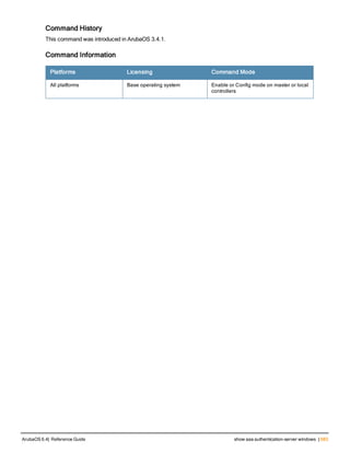Command History
This command was introduced in ArubaOS 3.4.1.
Command Information
Platforms Licensing Command Mode
All platforms Base operating system Enable or Config mode on master or local
controllers
ArubaOS 6.4| Reference Guide show aaa authentication-server windows | 683
 