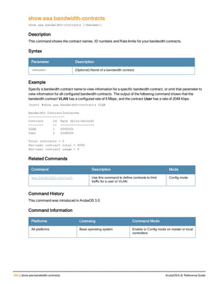 684 | show aaa bandwidth-contracts ArubaOS 6.4| Reference Guide
show aaa bandwidth-contracts
show aaa bandwidth-contracts [<bwname>]
Description
This command shows the contract names, ID numbers and Rate limits for your bandwidth contracts.
Syntax
Parameter Description
<bwname> (Optional) Name of a bandwidth contract.
Example
Specify a bandwidth contract name to view information for a specific bandwidth contract, or omit that parameter to
veiw information for all configured bandwidth contracts. The output of the following command shows that the
bandwidth contract VLAN has a configured rate of 6 Mbps, and the contract User has a rate of 2048 Kbps.
(host) #show aaa bandwidth-contracts VLAN
Bandwidth ContractInstances
-------------------
Contract Id Rate (bits/second)
-------- -- ------------------
VLAN 1 6000000
User 2 2048000
Total contracts = 2
Per-user contract total = 4096
Per-user contract usage = 0
Related Commands
Command Description Mode
aaa bandwidth-contract Use this command to define contracts to limit
traffic for a user or VLAN.
Config mode
Command History
This command was introduced in ArubaOS 3.0.
Command Information
Platforms Licensing Command Mode
All platforms Base operating system Enable or Config mode on master or local
controllers
 