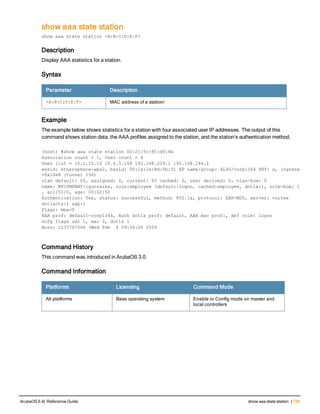 show aaa state station
show aaa state station <A:B:C:D:E:F>
Description
Display AAA statistics for a station.
Syntax
Parameter Description
<A:B:C:D:E:F> MAC address of a station/
Example
The example below shows statistics for a station with four associated user IP addresses. The output of this
command shows station data, the AAA profiles assigned to the station, and the station’s authentication method.
(host) #show aaa state station 00:21:5c:85:d0:4b
Association count = 1, User count = 4
User list = 10.1.10.10 10.6.5.168 192.168.229.1 192.168.244.1
essid: ethersphere-wpa2, bssid: 00:1a:1e:8d:5b:31 AP name/group: AL40/corp1344 PHY: a, ingress
=0x10e8 (tunnel 136)
vlan default: 65, assigned: 0, current: 65 cached: 0, user derived: 0, vlan-how: 0
name: MYCOMPANYtgonzales, role:employee (default:logon, cached:employee, dot1x:), role-how: 1
, acl:51/0, age: 00:02:50
Authentication: Yes, status: successful, method: 802.1x, protocol: EAP-MD5, server: vortex
dot1xctx:1 sap:1
Flags: mba=0
AAA prof: default-corp1344, Auth dot1x prof: default, AAA mac prof:, def role: logon
ncfg flags udr 1, mac 0, dot1x 1
Born: 1233767066 (Wed Feb 4 09:04:26 2009
Command History
This command was introduced in ArubaOS 3.0.
Command Information
Platforms Licensing Command Mode
All platforms Base operating system Enable or Config mode on master and
local controllers
ArubaOS 6.4| Reference Guide show aaa state station | 725
 