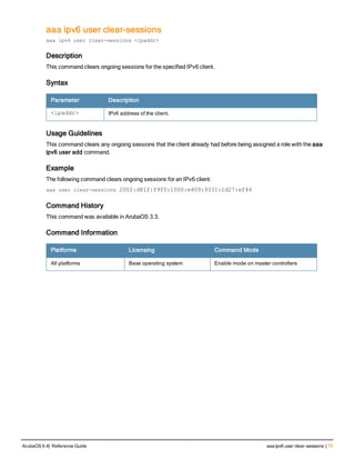 aaa ipv6 user clear-sessions
aaa ipv6 user clear-sessions <ipaddr>
Description
This command clears ongoing sessions for the specified IPv6 client.
Syntax
Parameter Description
<ipaddr> IPv6 address of the client.
Usage Guidelines
This command clears any ongoing sessions that the client already had before being assigned a role with the aaa
ipv6 user add command.
Example
The following command clears ongoing sessions for an IPv6 client:
aaa user clear-sessions 2002:d81f:f9f0:1000:e409:9331:1d27:ef44
Command History
This command was available in ArubaOS 3.3.
Command Information
Platforms Licensing Command Mode
All platforms Base operating system Enable mode on master controllers
ArubaOS 6.4| Reference Guide aaa ipv6 user clear-sessions | 73
 