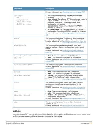 Parameter Description
For more information, see show airgroup cppm on page 757
cppm-server
aaa
query-interval
radius statistics
rfc3576 statistics
l aaa: This command displays the AAA parameters for
AirGroup.
l query-interval: The AirGroup CPPM query interval is used to
refresh the CPPM entries at periodic intervals. This
command displays the CPPM query interval value
configured in the controller.
l radius statistics: This command displays the RADIUS
statistics for AirGroup.
l rfc3576 statistics: This command displays the Dynamic
Authorization Extensions to RADIUS statistics for AirGroup.
For more information, see show airgroup cppm-server on page
759
domain This command displays the IP address of all the controllers
participating in an AirGroup multi controller environment.
For more information, see show airgroup domain on page 761
global-credits This command displays tokens assigned to query and
response packets. It displays configured and current global
tokens.
For more information, see show airgroup global-credits on
page 765
internal-state statistics
{dlna|mdns}
l dlna - This command displays the DLNA statistics.
l mdns - This command displays the mDNS statistics.
For more information, see show airgroup internal-state statistics
on page 762
multi-controller-table This command displays the AirGroup cluster information.
For more information, see show airgroup multi-controller-table
on page 767
servers
{dlna|mdns|verbose}
l dlna - This command displays the DLNA servers.
l mdns - This command displays the mDNS servers.
l Verbose - This command displays the AirGroup server
(Apple TV, AirPrint Printer) status in the controller.
For more information, see show airgroup servers on page 769
status This command displays the current status of the AirGroup
configuration and AirGroup services configured on the
controller.
For more information, see show airgroup status on page 771
users
{dlna|mdns|verbose}
l dlna - This command displays the DLNA users.
l mdns - This command displays the mDNS users.
l Verbose - This command displays the AirGroup client or
user status in the controller.
For more information, see show airgroup users on page 773
vlan This command displays the status of all the disallowed
AirGroup VLANs.
For more information, see show airgroup vlan on page 775
Example
Access the controller’s command-line interface and use the following command to display the current status of the
AirGroup configuration and AirGroup services configured on the controller:
ArubaOS 6.4| Reference Guide show airgroup | 747
 