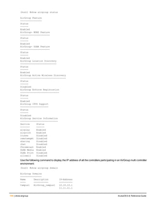 748 | show airgroup ArubaOS 6.4| Reference Guide
(host) #show airgroup status
AirGroup Feature
----------------
Status
------
Enabled
AirGroup- MDNS Feature
----------------------
Status
------
Enabled
AirGroup- DLNA Feature
----------------------
Status
------
Enabled
AirGroup Location Discovery
---------------------------
Status
------
Enabled
AirGroup Active Wireless Discovery
----------------------------------
Status
------
Disabled
AirGroup Enforce Registration
-----------------------------
Status
------
Enabled
AirGroup IPV6 Support
---------------------
Status
------
Disabled
AirGroup Service Information
----------------------------
Service Status
------- ------
airplay Enabled
airprint Enabled
itunes Disabled
remotemgmt Disabled
sharing Disabled
chat Disabled
Chromecast Enabled
DLNA Media Enabled
DLNA Print Disabled
allowall Disabled
Use the following command to display the IP address of all the controllers participating in an AirGroup multi controller
environment:
(host) #show airgroup domain
AirGroup Domains
----------------
Name Description IP-Address
---- ----------- ----------
Campus1 AirGroup_campus1 10.10.10.1
11.11.11.1
 