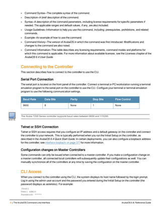 8 | The ArubaOS Command-Line Interface ArubaOS 6.4| Reference Guide
l Command Syntax—The complete syntax of the command.
l Description—A brief description of the command.
l Syntax—A description of the command parameters, including license requirements for specific parameters if
needed. The applicable ranges and default values, if any, are also included.
l Usage Guidelines—Information to help you use the command, including: prerequisites, prohibitions, and related
commands.
l Example—An example of how to use the command.
l Command History—The version of ArubaOS in which the command was first introduced. Modifications and
changes to the command are also noted.
l Command Information—This table describes any licensing requirements, command modes and platforms for
which this command is applicable. For more information about available licenses, see the Licenses chapter of the
ArubaOS 6.4 User Guide.
Connecting to the Controller
This section describes how to connect to the controller to use the CLI.
Serial Port Connection
The serial port is located on the front panel of the controller. Connect a terminal or PC/workstation running a terminal
emulation program to the serial port on the controller to use the CLI. Configure your terminal or terminal emulation
program to use the following communication settings.
Baud Rate Data Bits Parity Stop Bits Flow Control
9600 8 None 1 None
The Aruba 7200 Series controller supports baud rates between 9600 and 115200.
Telnet or SSH Connection
Telnet or SSH access requires that you configure an IP address and a default gateway on the controller and connect
the controller to your network. This is typically performed when you run the Initial Setup on the controller, as
described in the ArubaOS 6.4 Quick Start Guide. In certain deployments, you can also configure a loopback address
for the controller; see interface loopback on page 377 for more information.
Configuration changes on Master Controllers
Some commands can only be issued when connected to a master controller. If you make a configuration change on
a master controller, all connected local controllers will subsequently update their configurations as well. You can
manually synchronize all of the controllers at any time by saving the configuration on the master controller.
CLI Access
When you connect to the controller using the CLI, the system displays its host name followed by the login prompt.
Log in using the admin user account and the password you entered during the Initial Setup on the controller (the
password displays as asterisks). For example:
(host)
User: admin
Password: *****
 