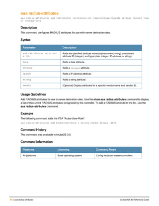 86 | aaa radius-attributes ArubaOS 6.4| Reference Guide
aaa radius-attributes
aaa radius-attributes add <attribute> <attribute-id> {date|integer|ipaddr|string} [vendor <nam
e> <vendor-id>]
Description
This command configures RADIUS attributes for use with server derivation rules.
Syntax
Parameter Description
add <attribute> <attribut
e-id>
Adds the specified attribute name (alphanumeric string), associated
attribute ID (integer), and type (date, integer, IP address, or string).
date Adds a date attribute.
integer Adds a integer attribute.
ipaddr Adds a IP address attribute.
string Adds a string attribute.
vendor (Optional) Display attributes for a specific vendor name and vendor ID.
Usage Guidelines
Add RADIUS attributes for use in server derivation rules. Use the show aaa radius-attributes command to display
a list of the current RADIUS attributes recognized by the controller. To add a RADIUS attribute to the list, use the
aaa radius-attributes command.
Example
The following command adds the VSA “Aruba-User-Role”:
aaa radius-attributes add Aruba-User-Role 1 string vendor Arubas 14823
Command History
This command was available in ArubaOS 3.0.
Command Information
Platforms Licensing Command Mode
All platforms Base operating system Config mode on master controllers
 