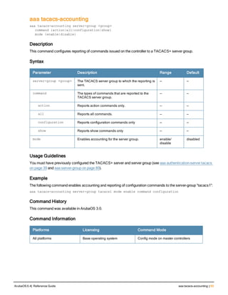 aaa tacacs-accounting
aaa tacacs-accounting server-group <group>
command {action|all|configuration|show}
mode {enable|disable}
Description
This command configures reporting of commands issued on the controller to a TACACS+ server group.
Syntax
Parameter Description Range Default
server-group <group> The TACACS server group to which the reporting is
sent.
— —
command The types of commands that are reported to the
TACACS server group.
— —
action Reports action commands only. — —
all Reports all commands. — —
configuration Reports configuration commands only — —
show Reports show commands only — —
mode Enables accounting for the server group. enable/
disable
disabled
Usage Guidelines
You must have previously configured the TACACS+ server and server group (see aaa authentication-server tacacs
on page 39 and aaa server-group on page 89).
Example
The following command enables accounting and reporting of configuration commands to the server-group “tacacs1”:
aaa tacacs-accounting server-group tacacs1 mode enable command configuration
Command History
This command was available in ArubaOS 3.0.
Command Information
Platforms Licensing Command Mode
All platforms Base operating system Config mode on master controllers
ArubaOS 6.4| Reference Guide aaa tacacs-accounting | 93
 