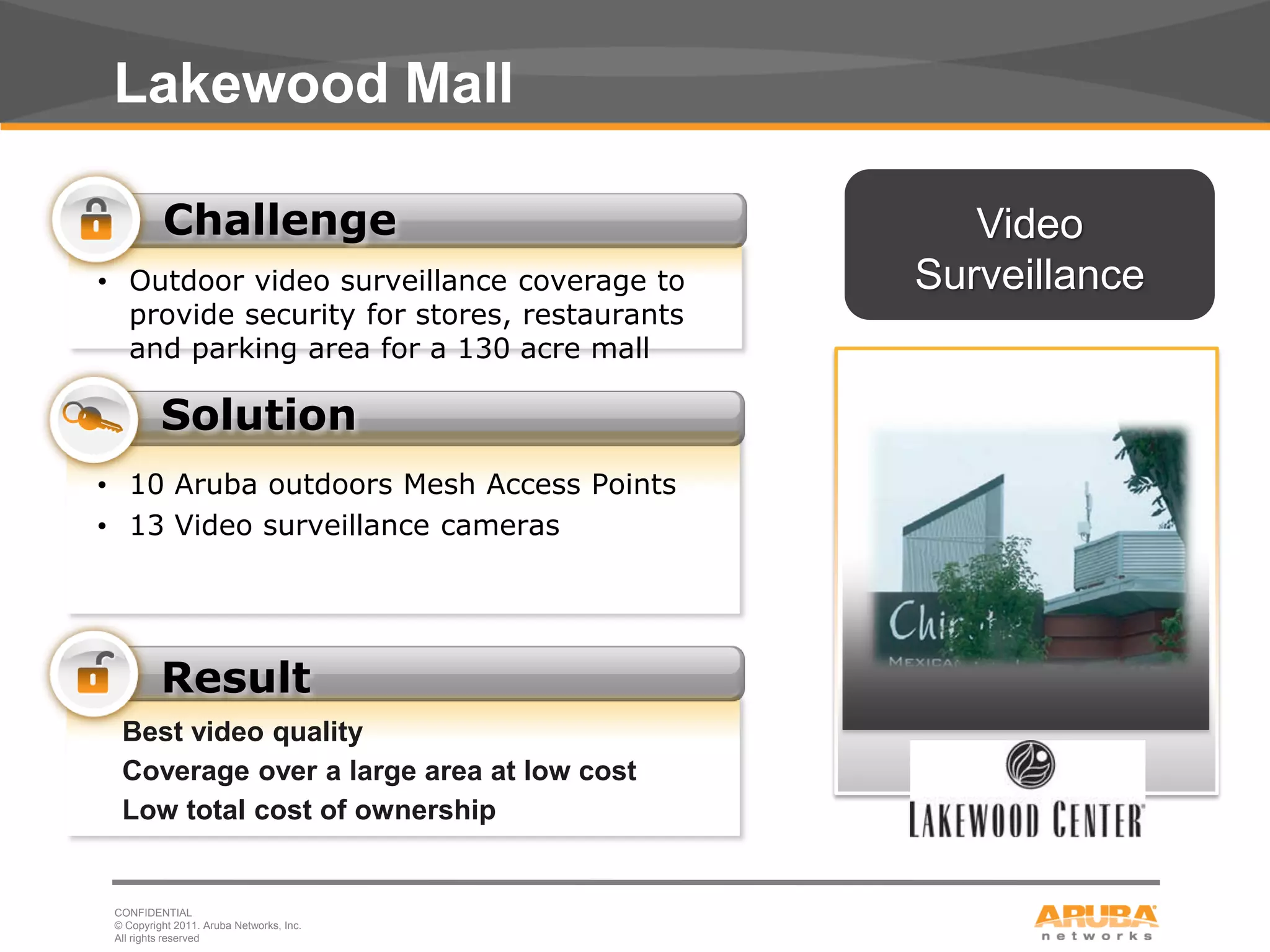 Lakewood Mall

               Challenge                             Video
     • Outdoor video surveillance coverage to     Surveillance
       provide security for stores, restaurants
       and parking area for a 130 acre mall

               Solution
     • 10 Aruba outdoors Mesh Access Points
     • 13 Video surveillance cameras               Insert Pic


               Result
       Best video quality
       Coverage over a large area at low cost
       Low total cost of ownership


      CONFIDENTIAL
      © Copyright 2011. Aruba Networks, Inc.
17    All rights reserved
 