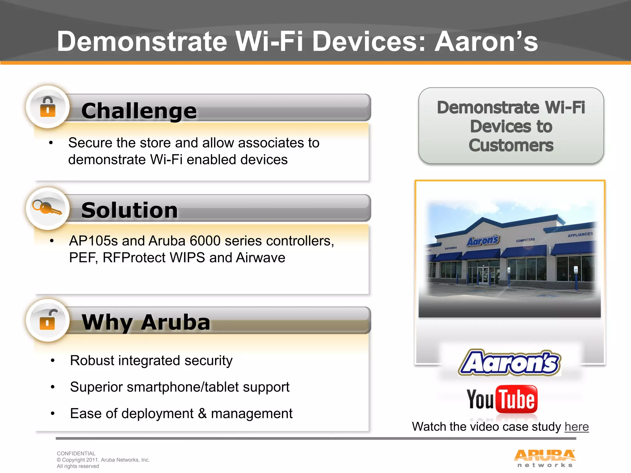 Demonstrate Wi-Fi Devices: Aaron’s

                  Challenge
     •       Secure the store and allow associates to
             demonstrate Wi-Fi enabled devices


                  Solution
     •       AP105s and Aruba 6000 series controllers,
             PEF, RFProtect WIPS and Airwave



                  Why Aruba
     •        Robust integrated security
     •        Superior smartphone/tablet support
     •        Ease of deployment & management
                                                         Watch the video case study here

         CONFIDENTIAL
         © Copyright 2011. Aruba Networks, Inc.
18       All rights reserved
 