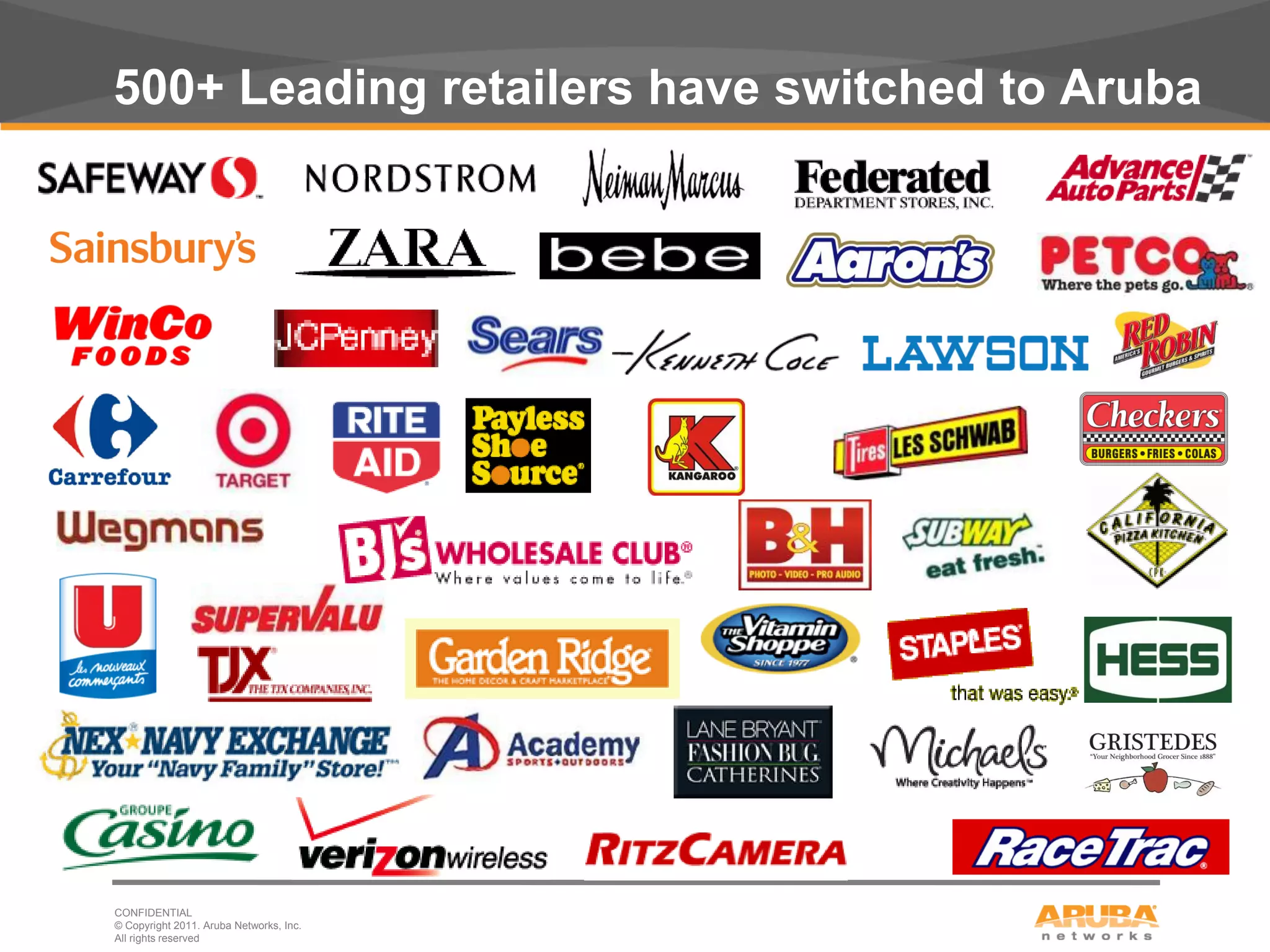 500+ Leading retailers have switched to Aruba




     CONFIDENTIAL
     © Copyright 2011. Aruba Networks, Inc.
19   All rights reserved
 