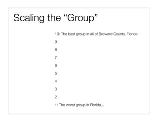 Scaling the “Group”
         10: The best group in all of Broward County, Florida...

         9

         8

         7

         6

         5

         4

         3

         2

         1: The worst group in Florida...
 
