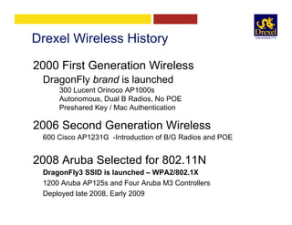 Drexel Wireless History
2000 First Generation Wireless
DragonFly brand is launched
300 Lucent Orinoco AP1000s
Autonomous, Dual B Radios, No POE
Preshared Key / Mac Authentication
2006 Second Generation Wireless
600 Cisco AP1231G -Introduction of B/G Radios and POE
2008 Aruba Selected for 802.11N
DragonFly3 SSID is launched – WPA2/802.1X
1200 Aruba AP125s and Four Aruba M3 Controllers
Deployed late 2008, Early 2009
 