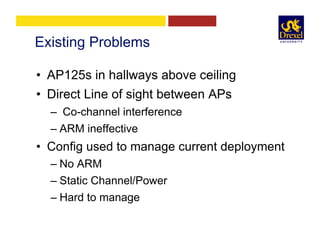 Existing Problems
•  AP125s in hallways above ceiling
•  Direct Line of sight between APs
–  Co-channel interference
– ARM ineffective
•  Config used to manage current deployment
– No ARM
– Static Channel/Power
– Hard to manage
 