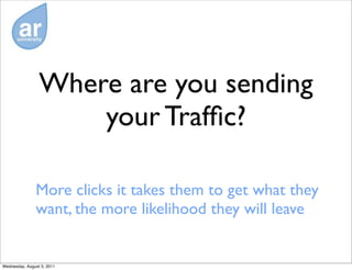 Where are you sending
                     your Trafﬁc?

               More clicks it takes them to get what they
               want, the more likelihood they will leave


Wednesday, August 3, 2011
 