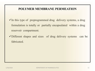 POLYMER MEMBRANE PERMEATION
In this type of preprogrammed drug delivery systems, a drug
formulation is totally or partially encapsulated within a drug
reservoir compartment.
Different shapes and sizes of drug delivery systems can be
fabricated.
1/30/2020 11DEPARTMENT OF PHARMACEUTICS
 