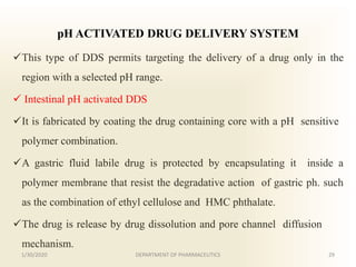 pH ACTIVATED DRUG DELIVERY SYSTEM
This type of DDS permits targeting the delivery of a drug only in the
region with a selected pH range.
 Intestinal pH activated DDS
It is fabricated by coating the drug containing core with a pH sensitive
polymer combination.
A gastric fluid labile drug is protected by encapsulating it inside a
polymer membrane that resist the degradative action of gastric ph. such
as the combination of ethyl cellulose and HMC phthalate.
The drug is release by drug dissolution and pore channel diffusion
mechanism.
1/30/2020 29DEPARTMENT OF PHARMACEUTICS
 