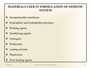 MATERIALS USED IN FORMULATION OF OSMOTIC
SYSTEM
 Semipermeable membrane
 Hydrophilic and hydrophobic polymers
 Wicking agents
 Solubilizing agents
 Osmogens
 Surfactants
 coating solvents
 Plasticizers
 Pore forming agents
1/30/2020 36DEPARTMENT OF PHARMACEUTICS
 