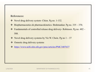 References:
 Novel drug delivery system- Chien. Pg no. 1-132.
 Biopharmaceutics & pharmacokinetics- Brahmankar. Pg no. 335 – 370.
 Fundamentals of controlled release drug delivery- Robinson. Pg no. 482 –
508.
 Novel drug delivery systems by Yie W. Chein. Pg no 1 – 37
 Osmotic drug delivery systems
 https://www.ncbi.nlm.nih.gov/pmc/articles/PMC3407637
1/30/2020 45DEPARTMENT OF PHARMACEUTICS
 