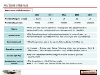 REVENUE STREAMS
Key Assumptions & Projections:

                                    2013             2014              2015             2016            2017

Number of regions covered         1 - Salem            5                10               15              20

Number of customers                 70000           350000           700000           1050000          1400000

                          • From past data 1% claim operations – Average cost is Rs. 22000/operation
        Claims
                          • Assuming 2% claim for Outpatient care – Average cost is Rs. 1000/OPD

                          • The IT development and maintenance is outsourced to Indus software Ltd.
     IT outsourced
                          • Development and support for first year, from second year only support service

   Commission paid        • 5% of the premium paid to the agents, Referral, Banks, Post Office etc.


                          • It involves – Training cost, Salary, Voluntary check ups, conveyance, Rent &
  Operating expenses
                            Maintenance, Stationery, Communication, Legal, Marketing & Ads, Interest

                          • The back side of the biometric card given to them is used to generate
   Income from Ads
                            advertisement

 Depreciation, Interest   • The depreciation is 10% of the fixed assets
       expense            • EMI of 16.27 crore is paid annually for the loan amount of 100 crore
 