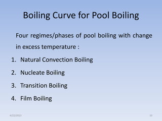 Boiling Curve for Pool Boiling
Four regimes/phases of pool boiling with change
in excess temperature :
1. Natural Convection Boiling

2. Nucleate Boiling
3. Transition Boiling

4. Film Boiling
4/22/2013

10

 