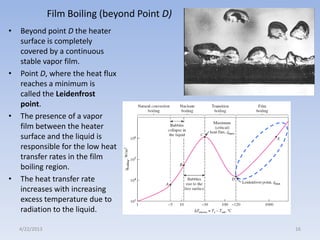 Film Boiling (beyond Point D)
•

•

•

•

Beyond point D the heater
surface is completely
covered by a continuous
stable vapor film.
Point D, where the heat flux
reaches a minimum is
called the Leidenfrost
point.
The presence of a vapor
film between the heater
surface and the liquid is
responsible for the low heat
transfer rates in the film
boiling region.
The heat transfer rate
increases with increasing
excess temperature due to
radiation to the liquid.
4/22/2013

16

 