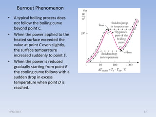 Burnout Phenomenon
• A typical boiling process does
not follow the boiling curve
beyond point C.
• When the power applied to the
heated surface exceeded the
value at point C even slightly,
the surface temperature
increased suddenly to point E.
• When the power is reduced
gradually starting from point E
the cooling curve follows with a
sudden drop in excess
temperature when point D is
reached.

4/22/2013

17

 