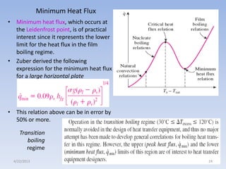 Minimum Heat Flux
• Minimum heat flux, which occurs at
the Leidenfrost point, is of practical
interest since it represents the lower
limit for the heat flux in the film
boiling regime.
• Zuber derived the following
expression for the minimum heat flux
for a large horizontal plate

• This relation above can be in error by
50% or more.

Transition
boiling
regime
4/22/2013

24

 