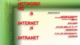 R
NETWORKI
NG
&
INTERNET
N
INTRANET
PRESENTED BY
ARVIND KUMAR
ARYA
SOLANKI
(I.B.M) MBA (F.T) 1ST
SEMESTER
C.S.J.M UNIVERSITY,
KANPUR
Jitendra Kumar Sharma
Prashant Singh
 