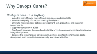 Why Devops Cares?
Configure once…run anything
• Make the entire lifecycle more efficient, consistent, and repeatable
• Increase the quality of code produced by developers.
• Eliminate inconsistencies between development, test, production, and customer
environments
• Support segregation of duties
• Significantly improves the speed and reliability of continuous deployment and continuous
integration systems
• Because the containers are so lightweight, address significant performance, costs,
deployment, and portability issues normally associated with VMs
 