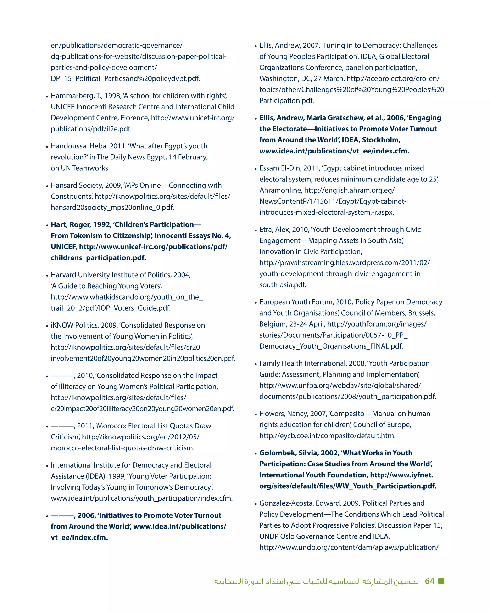 64‫االنتخابية‬ ‫الدورة‬ ‫امتداد‬ ‫على‬ ‫للشباب‬ ‫السياسية‬ ‫المشاركة‬ ‫تحسين‬
•
•
•
•
•
•
•
•
•
•
•
•
•
•
•
•
•
•
•
Ellis, Andrew, 2007,‘Tuning in to Democracy: Challenges
of Young People’s Participation’, IDEA, Global Electoral
Organizations Conference, panel on participation,
Washington, DC, 27 March, http://aceproject.org/ero-en/
topics/other/Challenges%20of%20Young%20Peoples%20
Participation.pdf.
Ellis, Andrew, Maria Gratschew, et al., 2006,‘Engaging
the Electorate—Initiatives to Promote Voter Turnout
from Around the World’, IDEA, Stockholm,
www.idea.int/publications/vt_ee/index.cfm.
Essam El-Din, 2011,‘Egypt cabinet introduces mixed
electoral system, reduces minimum candidate age to 25’,
Ahramonline, http://english.ahram.org.eg/
NewsContentP/1/15611/Egypt/Egypt-cabinet-
introduces-mixed-electoral-system,-r.aspx.
Etra, Alex, 2010,‘Youth Development through Civic
Engagement—Mapping Assets in South Asia’,
Innovation in Civic Participation,
http://pravahstreaming.files.wordpress.com/2011/02/
youth-development-through-civic-engagement-in-
south-asia.pdf.
European Youth Forum, 2010,‘Policy Paper on Democracy
and Youth Organisations’, Council of Members, Brussels,
Belgium, 23-24 April, http://youthforum.org/images/
stories/Documents/Participation/0057-10_PP_
Democracy_Youth_Organisations_FINAL.pdf.
Family Health International, 2008,‘Youth Participation
Guide: Assessment, Planning and Implementation’,
http://www.unfpa.org/webdav/site/global/shared/
documents/publications/2008/youth_participation.pdf.
Flowers, Nancy, 2007,‘Compasito—Manual on human
rights education for children’, Council of Europe,
http://eycb.coe.int/compasito/default.htm.
Golombek, Silvia, 2002,‘What Works in Youth
Participation: Case Studies from Around the World’,
International Youth Foundation, http://www.iyfnet.
org/sites/default/files/WW_Youth_Participation.pdf.
Gonzalez-Acosta, Edward, 2009,‘Political Parties and
Policy Development—The Conditions Which Lead Political
Parties to Adopt Progressive Policies’, Discussion Paper 15,
UNDP Oslo Governance Centre and IDEA,
http://www.undp.org/content/dam/aplaws/publication/
en/publications/democratic-governance/
dg-publications-for-website/discussion-paper-political-
parties-and-policy-development/
DP_15_Political_Partiesand%20policydvpt.pdf.
Hammarberg, T., 1998,‘A school for children with rights’,
UNICEF Innocenti Research Centre and International Child
Development Centre, Florence, http://www.unicef-irc.org/
publications/pdf/il2e.pdf.
Handoussa, Heba, 2011,‘What after Egypt’s youth
revolution?’in The Daily News Egypt, 14 February,
on UN Teamworks.
Hansard Society, 2009,‘MPs Online—Connecting with
Constituents’, http://iknowpolitics.org/sites/default/files/
hansard20society_mps20online_0.pdf.
Hart, Roger, 1992,‘Children’s Participation—
From Tokenism to Citizenship’, Innocenti Essays No. 4,
UNICEF, http://www.unicef-irc.org/publications/pdf/
childrens_participation.pdf.
Harvard University Institute of Politics, 2004,
‘A Guide to Reaching Young Voters’,
http://www.whatkidscando.org/youth_on_the_
trail_2012/pdf/IOP_Voters_Guide.pdf.
iKNOW Politics, 2009,‘Consolidated Response on
the Involvement of Young Women in Politics’,
http://iknowpolitics.org/sites/default/files/cr20
involvement20of20young20women20in20politics20en.pdf.
———, 2010,‘Consolidated Response on the Impact
of Illiteracy on Young Women’s Political Participation’,
http://iknowpolitics.org/sites/default/files/
cr20impact20of20illiteracy20on20young20women20en.pdf.
———, 2011,‘Morocco: Electoral List Quotas Draw
Criticism’, http://iknowpolitics.org/en/2012/05/
morocco-electoral-list-quotas-draw-criticism.
International Institute for Democracy and Electoral
Assistance (IDEA), 1999,‘Young Voter Participation:
Involving Today’s Young in Tomorrow’s Democracy’,
www.idea.int/publications/youth_participation/index.cfm.
———, 2006,‘Initiatives to Promote Voter Turnout
from Around the World’, www.idea.int/publications/
vt_ee/index.cfm.
 