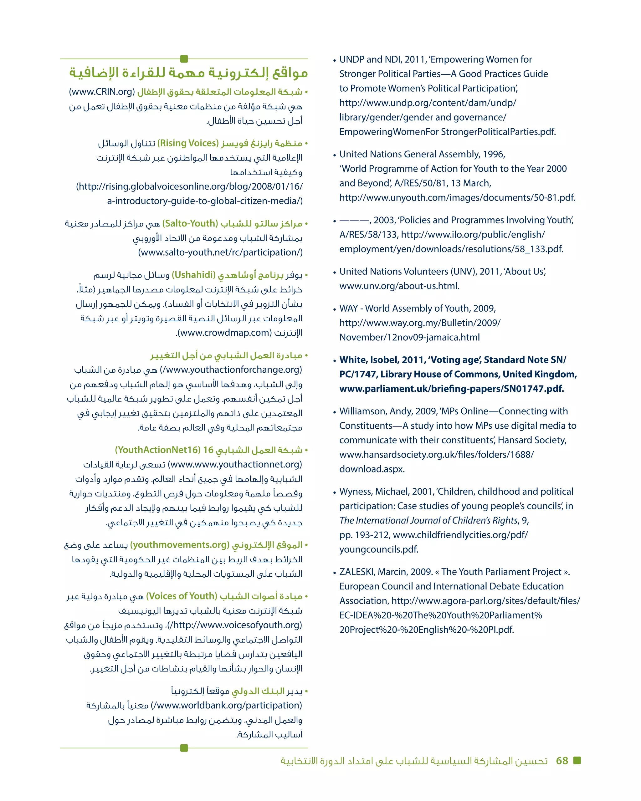 68‫االنتخابية‬ ‫الدورة‬ ‫امتداد‬ ‫على‬ ‫للشباب‬ ‫السياسية‬ ‫المشاركة‬ ‫تحسين‬
UNDP and NDI, 2011,‘Empowering Women for
Stronger Political Parties—A Good Practices Guide
to Promote Women’s Political Participation’,
http://www.undp.org/content/dam/undp/
library/gender/gender and governance/
EmpoweringWomenFor StrongerPoliticalParties.pdf.
United Nations General Assembly, 1996,
‘World Programme of Action for Youth to the Year 2000
and Beyond’, A/RES/50/81, 13 March,
http://www.unyouth.com/images/documents/50-81.pdf.
———, 2003,‘Policies and Programmes Involving Youth’,
A/RES/58/133, http://www.ilo.org/public/english/
employment/yen/downloads/resolutions/58_133.pdf.
United Nations Volunteers (UNV), 2011,‘About Us’,
www.unv.org/about-us.html.
WAY - World Assembly of Youth, 2009,
http://www.way.org.my/Bulletin/2009/
November/12nov09-jamaica.html
White, Isobel, 2011,‘Voting age’, Standard Note SN/
PC/1747, Library House of Commons, United Kingdom,
www.parliament.uk/briefing-papers/SN01747.pdf.
Williamson, Andy, 2009,‘MPs Online—Connecting with
Constituents—A study into how MPs use digital media to
communicate with their constituents’, Hansard Society,
www.hansardsociety.org.uk/files/folders/1688/
download.aspx.
Wyness, Michael, 2001,‘Children, childhood and political
participation: Case studies of young people’s councils’, in
The International Journal of Children’s Rights, 9,
pp. 193-212, www.childfriendlycities.org/pdf/
youngcouncils.pdf.
ZALESKI, Marcin, 2009. « The Youth Parliament Project ».
European Council and International Debate Education
Association, http://www.agora-parl.org/sites/default/files/
EC-IDEA%20-%20The%20Youth%20Parliament%
20Project%20-%20English%20-%20PI.pdf.
‫اإلضافية‬ ‫للقراءة‬ ‫مهمة‬ ‫إلكترونية‬ ‫مواقع‬
)www.CRIN.org( ‫اإلطفال‬ ‫بحقوق‬ ‫المتعلقة‬ ‫المعلومات‬ ‫شبكة‬•
‫من‬ ‫تعمل‬ ‫اإلطفال‬ ‫بحقوق‬ ‫معنية‬ ‫منظمات‬ ‫من‬ ‫مؤلفة‬ ‫هي شبكة‬
.‫األطفال‬ ‫حياة‬ ‫تحسين‬ ‫أجل‬
‫الوسائل‬ ‫تتناول‬ )Rising Voices( ‫فويسز‬ ‫رايزنغ‬ ‫منظمة‬•
‫اإلنترنت‬ ‫شبكة‬ ‫عبر‬ ‫المواطنون‬ ‫يستخدمها‬ ‫التي‬ ‫اإلعالمية‬
‫استخدامها‬ ‫وكيفية‬
(http://rising.globalvoicesonline.org/blog/2008/01/16/
a-introductory-guide-to-global-citizen-media/)
‫معنية‬ ‫للمصادر‬ ‫مراكز‬ ‫هي‬ )Salto-Youth( ‫للشباب‬ ‫سالتو‬ ‫مراكز‬•
‫األوروبي‬ ‫االتحاد‬ ‫من‬ ‫ومدعومة‬ ‫الشباب‬ ‫بمشاركة‬
(www.salto-youth.net/rc/participation/)
‫لرسم‬ ‫مجانية‬ ‫وسائل‬ )Ushahidi( ‫أوشاهدي‬ ‫برنامج‬ ‫يوفر‬•
،ً‫ال‬‫(مث‬ ‫الجماهير‬ ‫مصدرها‬ ‫لمعلومات‬ ‫اإلنترنت‬ ‫شبكة‬ ‫على‬ ‫خرائط‬
‫إرسال‬ ‫للجمهور‬ ‫ويمكن‬ .)‫الفساد‬ ‫أو‬ ‫االنتخابات‬ ‫في‬ ‫التزوير‬ ‫بشأن‬
‫شبكة‬ ‫عبر‬ ‫أو‬ ‫وتويتر‬ ‫القصيرة‬ ‫النصية‬ ‫الرسائل‬ ‫عبر‬ ‫المعلومات‬
.)www.crowdmap.com( ‫اإلنترنت‬
‫التغيير‬ ‫أجل‬ ‫من‬ ‫الشبابي‬ ‫العمل‬ ‫مبادرة‬•
‫الشباب‬ ‫من‬ ‫مبادرة‬ ‫هي‬ )/www.youthactionforchange.org(
‫من‬ ‫ودفعهم‬ ‫الشباب‬ ‫إلهام‬ ‫هو‬ ‫األساسي‬ ‫وهدفها‬ ،‫الشباب‬ ‫وإلى‬
‫للشباب‬ ‫عالمية‬ ‫شبكة‬ ‫تطوير‬ ‫على‬ ‫وتعمل‬ .‫أنفسهم‬ ‫تمكين‬ ‫أجل‬
‫في‬ ‫إيجابي‬ ‫تغيير‬ ‫بتحقيق‬ ‫والملتزمين‬ ‫ذاتهم‬ ‫على‬ ‫المعتمدين‬
.‫عامة‬ ‫بصفة‬ ‫العالم‬ ‫وفي‬ ‫المحلية‬ ‫مجتمعاتهم‬
)YouthActionNet16( 16 ‫الشبابي‬ ‫العمل‬ ‫شبكة‬•
‫القيادات‬ ‫لرعاية‬ ‫تسعى‬ )www.www.youthactionnet.org(
‫وأدوات‬ ‫موارد‬ ‫وتقدم‬ .‫العالم‬ ‫أنحاء‬ ‫جميع‬ ‫في‬ ‫وإلهامها‬ ‫الشبابية‬
‫حوارية‬ ‫ومنتديات‬ ،‫التطوع‬ ‫فرص‬ ‫حول‬ ‫ومعلومات‬ ‫ملهمة‬ ‫وقصصًا‬
‫وأفكار‬ ‫الدعم‬ ‫وإليجاد‬ ‫بينهم‬ ‫فيما‬ ‫روابط‬ ‫يقيموا‬ ‫كي‬ ‫للشباب‬
.‫االجتماعي‬ ‫التغيير‬ ‫في‬ ‫منهمكين‬ ‫يصبحوا‬ ‫كي‬ ‫جديدة‬
‫وضع‬ ‫على‬ ‫يساعد‬ )youthmovements.org( ‫اإللكتروني‬ ‫الموقع‬•
‫يقودها‬ ‫التي‬ ‫الحكومية‬ ‫غير‬ ‫المنظمات‬ ‫بين‬ ‫الربط‬ ‫بهدف‬ ‫الخرائط‬
.‫والدولية‬ ‫واإلقليمية‬ ‫المحلية‬ ‫المستويات‬ ‫على‬ ‫الشباب‬
‫عبر‬ ‫دولية‬ ‫مبادرة‬ ‫هي‬ )Voices of Youth( ‫الشباب‬ ‫أصوات‬ ‫مبادة‬•
‫اليونيسيف‬ ‫تديرها‬ ‫بالشباب‬ ‫معنية‬ ‫اإلنترنت‬ ‫شبكة‬
‫مواقع‬ ‫من‬ ‫مزيجًا‬ ‫وتستخدم‬ ،)/http://www.voicesofyouth.org(
‫والشباب‬ ‫األطفال‬ ‫ويقوم‬ .‫التقليدية‬ ‫والوسائط‬ ‫االجتماعي‬ ‫التواصل‬
‫وحقوق‬ ‫االجتماعي‬ ‫بالتغيير‬ ‫مرتبطة‬ ‫قضايا‬ ‫بتدارس‬ ‫اليافعين‬
.‫التغيير‬ ‫أجل‬ ‫من‬ ‫بنشاطات‬ ‫والقيام‬ ‫بشأنها‬ ‫والحوار‬ ‫اإلنسان‬
‫إلكترونيًا‬ ‫موقعًا‬ ‫الدولي‬ ‫البنك‬ ‫يدير‬•
‫بالمشاركة‬ ‫معنيًا‬ )/www.worldbank.org/participation(
‫حول‬ ‫لمصادر‬ ‫مباشرة‬ ‫روابط‬ ‫ويتضمن‬ ،‫المدني‬ ‫والعمل‬
.‫أساليب المشاركة‬
•
•
•
•
•
•
•
•
•
 