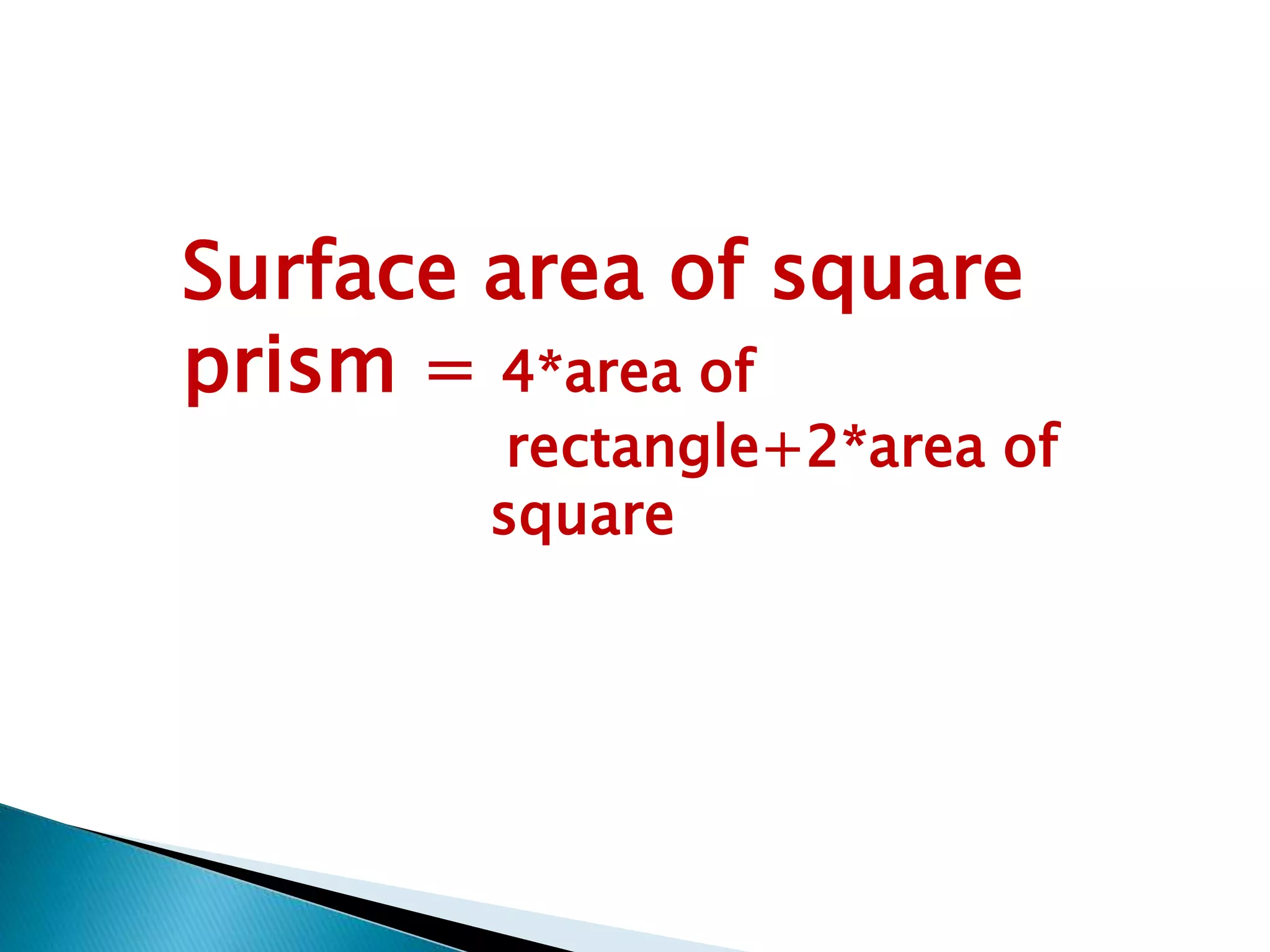 Surface area of square
prism = 4*area of
rectangle+2*area of
square