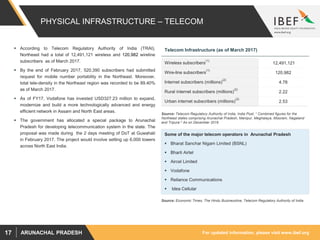 For updated information, please visit www.ibef.orgARUNACHAL PRADESH17
PHYSICAL INFRASTRUCTURE – TELECOM
 According to Telecom Regulatory Authority of India (TRAI),
Northeast had a total of 12,491,121 wireless and 120,982 wireline
subscribers as of March 2017.
 By the end of February 2017, 520,390 subscribers had submitted
request for mobile number portability in the Northeast. Moreover,
total tele-density in the Northeast region was recorded to be 89.40%
as of March 2017.
 As of FY17, Vodafone has invested USD327.23 million to expand,
modernize and build a more technologically advanced and energy
efficient network in Assam and North East areas.
 The government has allocated a special package to Arunachal
Pradesh for developing telecommunication system in the state. The
proposal was made during the 2 days meeting of DoT at Guwahati
in February 2017. The project would involve setting up 6,000 towers
across North East India.
Telecom Infrastructure (as of March 2017)
Wireless subscribers
(1)
12,491,121
Wire-line subscribers
(1)
120,982
Internet subscribers (millions)
(2)
4.78
Rural internet subscribers (millions)
(2)
2.22
Urban internet subscribers (millions)
(2)
2.53
Source: Telecom Regulatory Authority of India, India Post, 1 Combined figures for the
Northeast states comprising Arunachal Pradesh, Manipur, Meghalaya, Mizoram, Nagaland
and Tripura 2 As on December 2016
Source: Economic Times, The Hindu Businessline, Telecom Regulatory Authority of India
Some of the major telecom operators in Arunachal Pradesh
 Bharat Sanchar Nigam Limited (BSNL)
 Bharti Airtel
 Aircel Limited
 Vodafone
 Reliance Communications
 Idea Cellular
 
