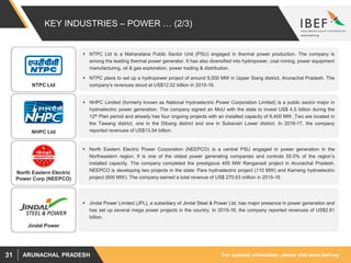 For updated information, please visit www.ibef.orgARUNACHAL PRADESH31
KEY INDUSTRIES – POWER … (2/3)
 NTPC Ltd is a Maharatana Public Sector Unit (PSU) engaged in thermal power production. The company is
among the leading thermal power generator. It has also diversified into hydropower, coal mining, power equipment
manufacturing, oil & gas exploration, power trading & distribution.
 NTPC plans to set up a hydropower project of around 9,500 MW in Upper Siang district, Arunachal Pradesh. The
company’s revenues stood at US$12.02 billion in 2015-16.
 NHPC Limited (formerly known as National Hydroelectric Power Corporation Limited) is a public sector major in
hydroelectric power generation. The company signed an MoU with the state to invest US$ 4.5 billion during the
12th Plan period and already has four ongoing projects with an installed capacity of 6,400 MW. Two are located in
the Tawang district, one in the Dibang district and one in Subansiri Lower district. In 2016-17, the company
reported revenues of US$13.54 billion.
 North Eastern Electric Power Corporation (NEEPCO) is a central PSU engaged in power generation in the
Northeastern region. It is one of the oldest power generating companies and controls 55.0% of the region’s
installed capacity. The company completed the prestigious 405 MW Ranganadi project in Arunachal Pradesh.
NEEPCO is developing two projects in the state: Pare hydroelectric project (110 MW) and Kameng hydroelectric
project (600 MW). The company earned a total revenue of US$ 270.63 million in 2015-16.
 Jindal Power Limited (JPL), a subsidiary of Jindal Steel & Power Ltd, has major presence in power generation and
has set up several mega power projects in the country. In 2015-16, the company reported revenues of US$2.81
billion.
NTPC Ltd
NHPC Ltd
North Eastern Electric
Power Corp (NEEPCO)
Jindal Power
 