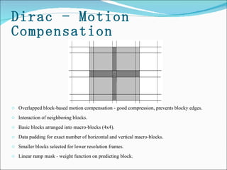 Dirac - Motion Compensation Overlapped block-based motion compensation - good compression, prevents blocky edges. Interaction of neighboring blocks.  Basic blocks arranged into macro-blocks (4x4).  Data padding for exact number of horizontal and vertical macro-blocks. Smaller blocks selected for lower resolution frames.  Linear ramp mask - weight function on predicting block.  