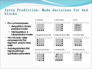 Intra Prediction: Mode decisions for 4x4 blocks For Luminance pixels: 4x4 partition: 9 intra-prediction modes  16x16 partition: 4 intra-prediction modes  16 x 16 mode - better compression for flat regions of  picture, lower costs.  Avoids gradients in flat regions with high quantization parameters 