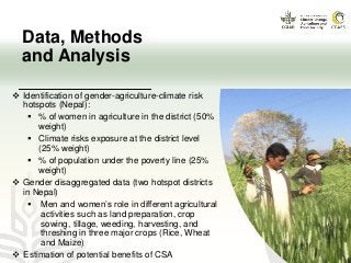 Data, Methods
and Analysis
 Identification of gender-agriculture-climate risk
hotspots (Nepal):
 % of women in agriculture in the district (50%
weight)
 Climate risks exposure at the district level
(25% weight)
 % of population under the poverty line (25%
weight)
 Gender disaggregated data (two hotspot districts
in Nepal)
 Men and women’s role in different agricultural
activities such as land preparation, crop
sowing, tillage, weeding, harvesting, and
threshing in three major crops (Rice, Wheat
and Maize)
 Estimation of potential benefits of CSA
 