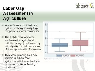 Labor Gap
Assessment in
Agriculture
 Women’s labor contribution in
agriculture is significantly high
compared to men’s contribution
 This high level of women’s
involvement in agricultural
activities is largely influenced by
out-migration of male and/or low
off-farm opportunities for women
 They work primarily as family
workers in subsistence
agriculture with low technology-
driven conventional farming
practices
 