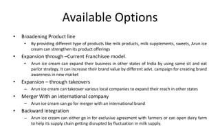 Available Options
• Broadening Product line
• By providing different type of products like milk products, milk supplements, sweets, Arun ice
cream can strengthen its product offerings
• Expansion through –Current Franchisee model.
• Arun ice cream can expand their business in other states of India by using same sit and eat
parlor strategy. It can increase their brand value by different advt. campaign for creating brand
awareness in new market
• Expansion – through takeovers
– Arun ice cream can takeover various local companies to expand their reach in other states
• Merger With an international company
– Arun ice cream can go for merger with an international brand
• Backward integration
– Arun ice cream can either go in for exclusive agreement with farmers or can open dairy farm
to help its supply chain getting disrupted by fluctuation in milk supply.
 