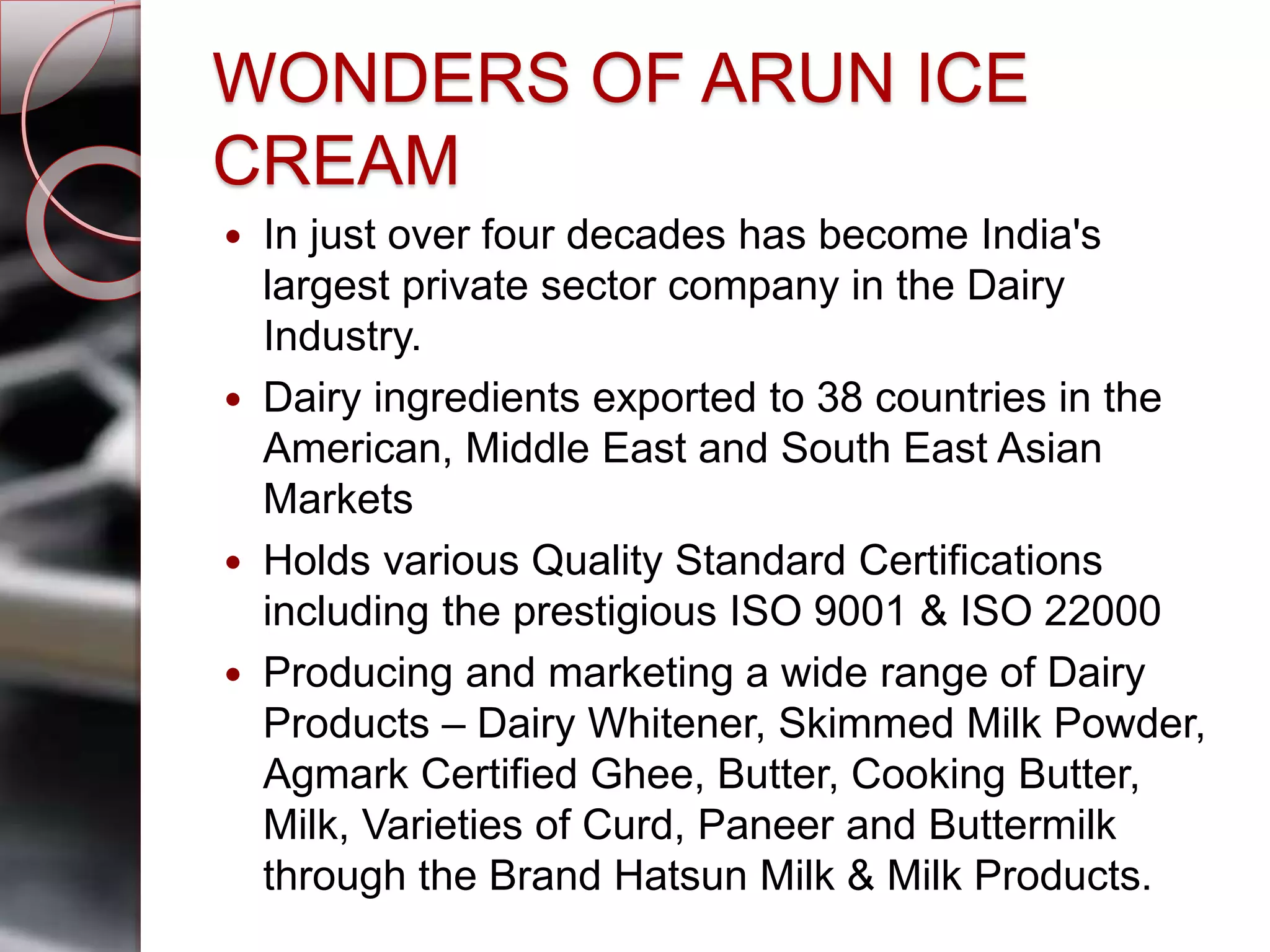 WONDERS OF ARUN ICE
CREAM
 In just over four decades has become India's
largest private sector company in the Dairy
Industry.
 Dairy ingredients exported to 38 countries in the
American, Middle East and South East Asian
Markets
 Holds various Quality Standard Certifications
including the prestigious ISO 9001 & ISO 22000
 Producing and marketing a wide range of Dairy
Products – Dairy Whitener, Skimmed Milk Powder,
Agmark Certified Ghee, Butter, Cooking Butter,
Milk, Varieties of Curd, Paneer and Buttermilk
through the Brand Hatsun Milk & Milk Products.
 