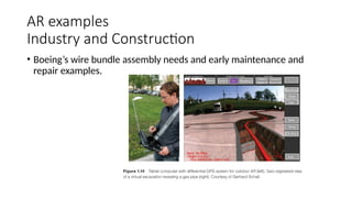 AR examples
Industry and Construction
• Boeing’s wire bundle assembly needs and early maintenance and
repair examples.
 